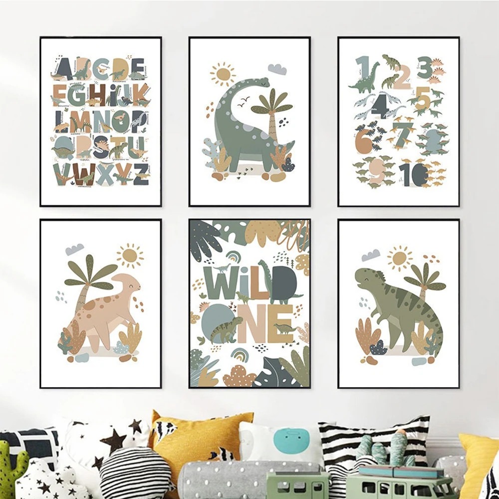 Kids Educational Poster - Nordic Cute Baby Dinosaur Wall Art